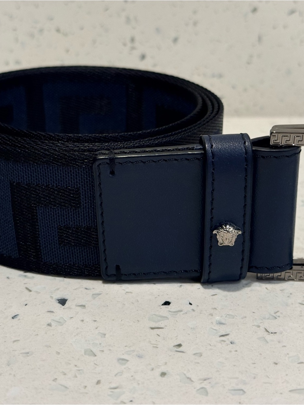 Authentic Versace Dark Blue 'La Greca' Jacquard D-Ring Belt View 6